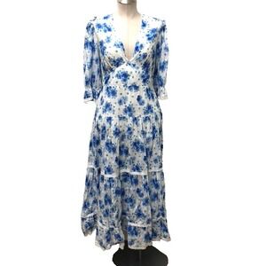 RIXO White and Blue Floral Midi Dress